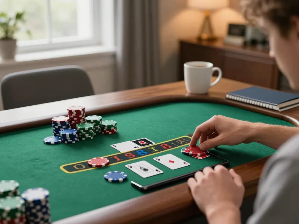 FB88 player placing bets in an engaging online blackjack game at home, capturing a strategic moment.