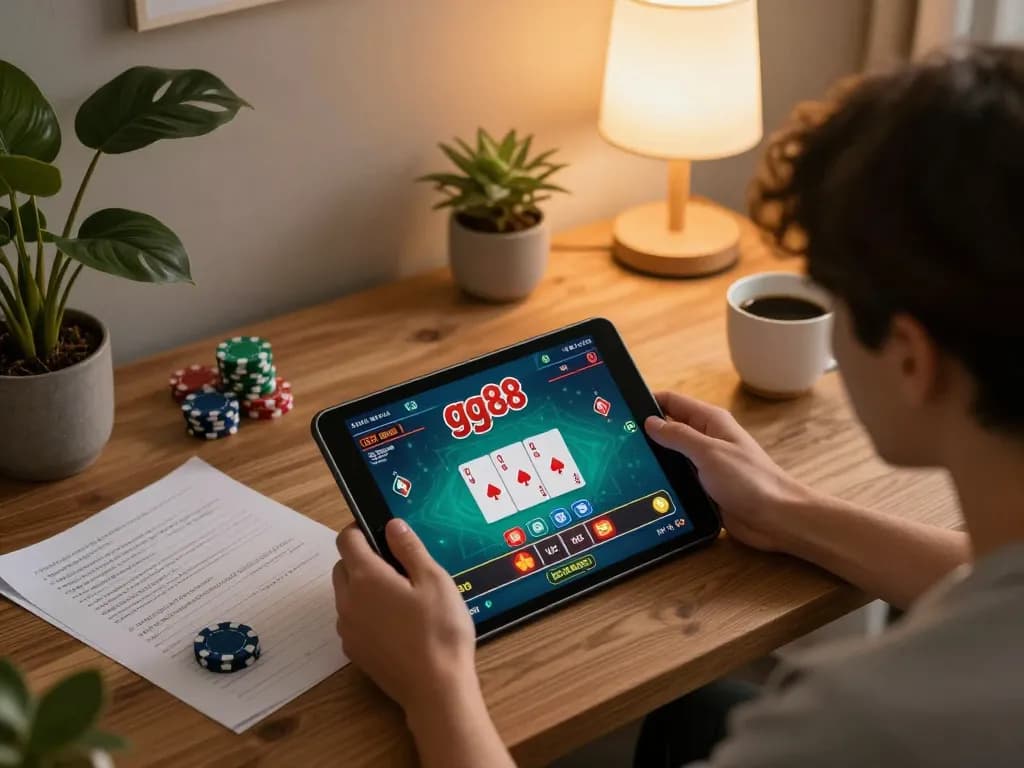 Playgg88 live on tablet during a cozy home gambling session with notes and poker cards displayed.
