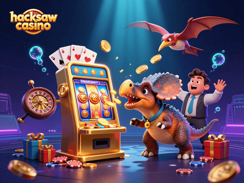 Experience the excitement of hacksaw casino as cartoon characters engage with thrilling pokies and rewards.