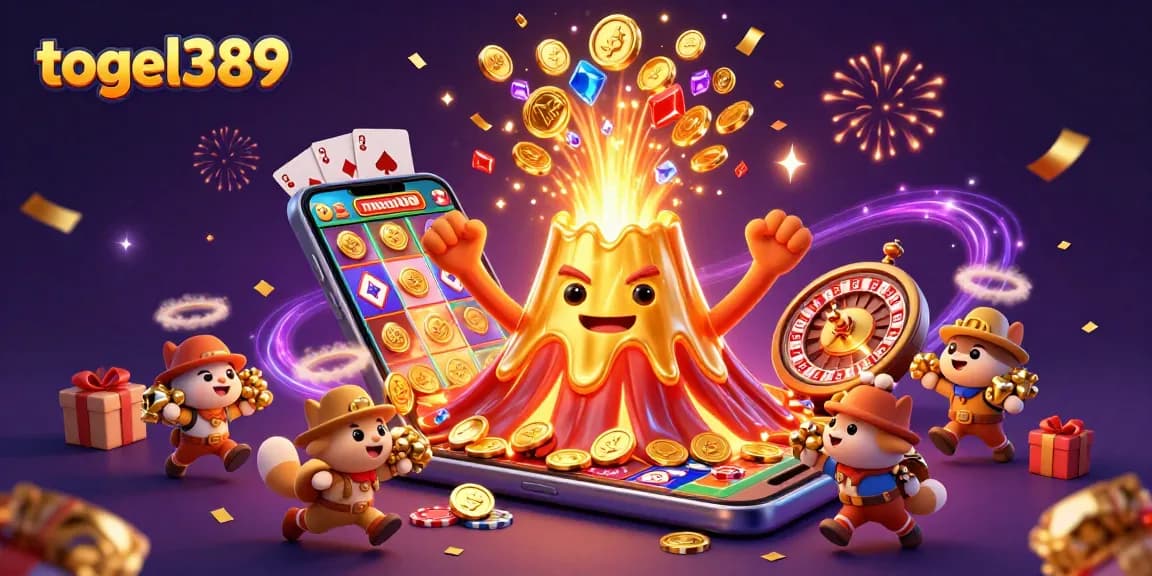Boost your luck with togel389 in this colorful casino-themed illustration featuring a volcano and treasures.