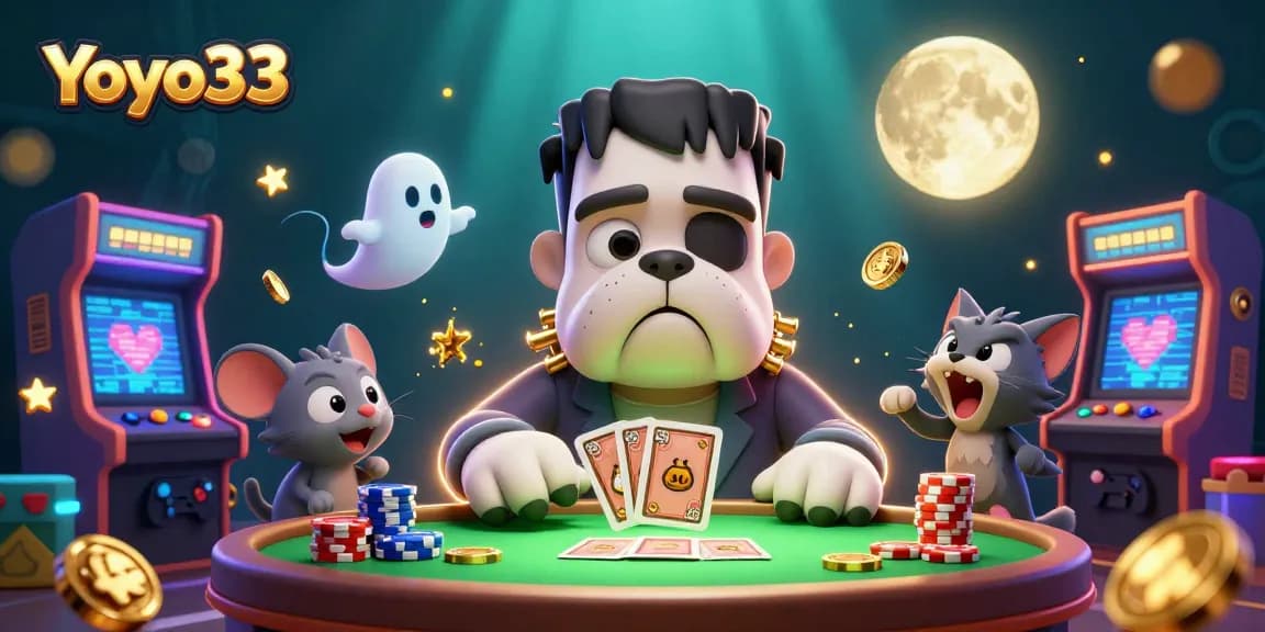 Yoyo33 unique casino scene featuring a Frankenstein bulldog dealer with fun gaming elements