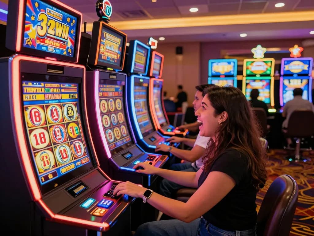 32win player celebrating a jackpot win at colorful slot machines, vibrant casino atmosphere.