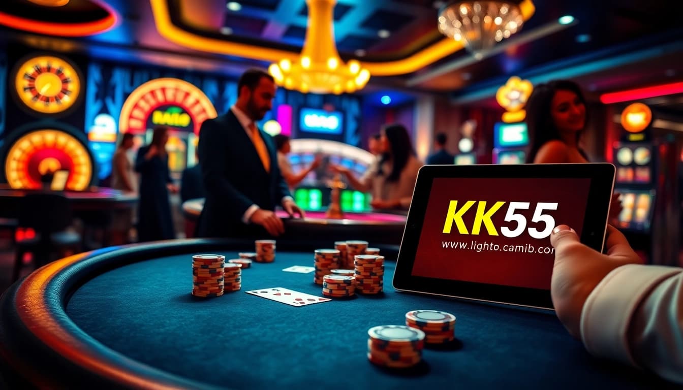 Experience thrilling games at KK55 com with lively poker tables and vibrant casino ambiance.