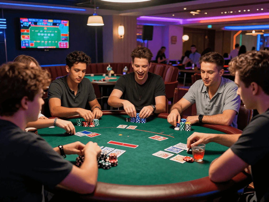 Friends enjoying an exciting poker game at a casino highlighting FairPlay.