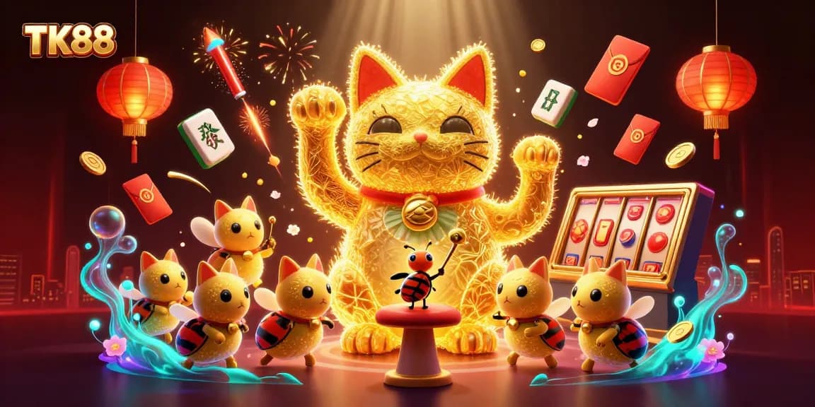 Play lucky games at TK88 with a giant lucky cat and vibrant casino symbols around.