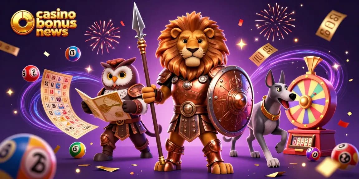Engage with casino bonus news through vibrant lottery balls, spinning wheels, and animated characters inviting excitement.