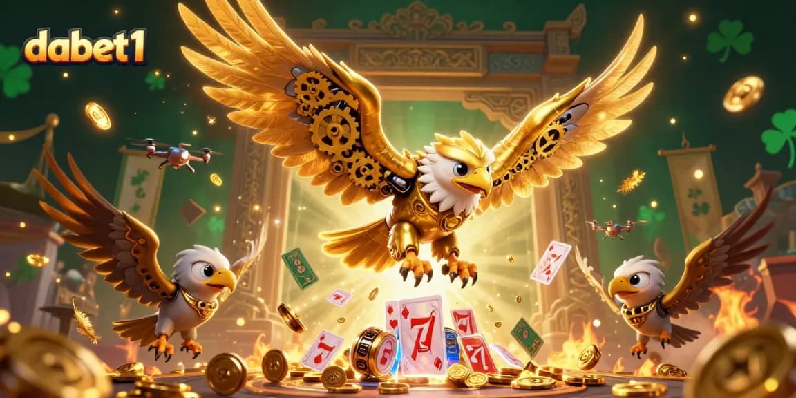 dabet1 illuminates a thrilling casino scene with a cybernetic eagle and dynamic gaming elements