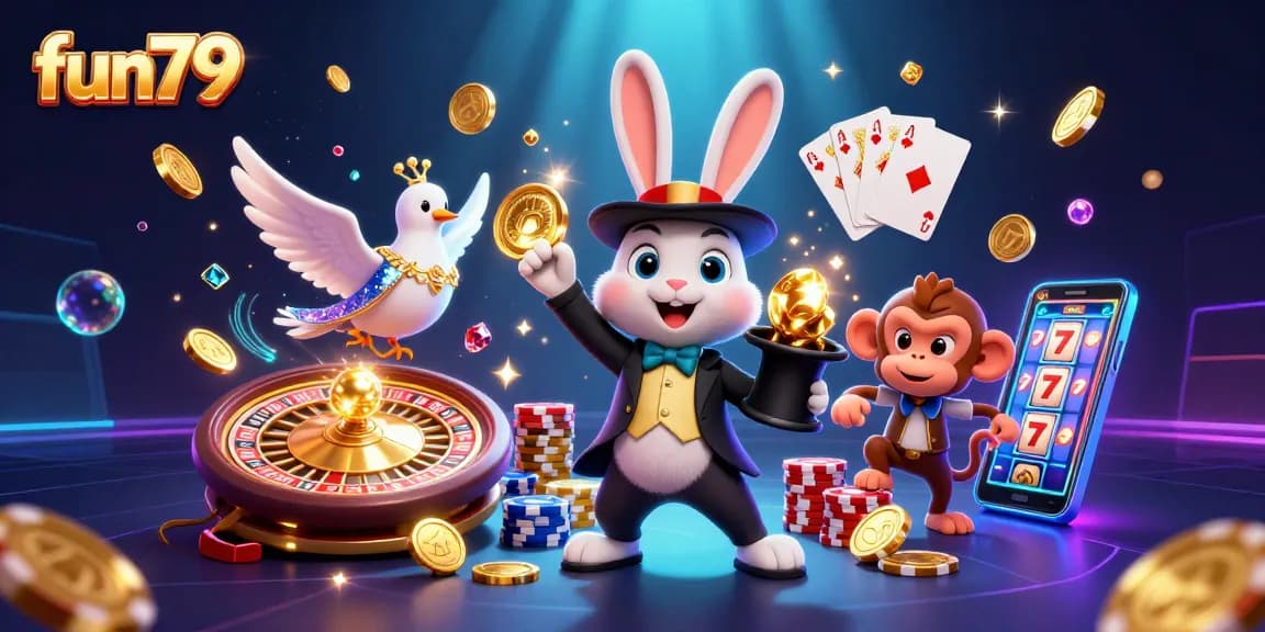 Win big with fun79 while enjoying a vibrant 3D casino scene featuring magical characters and gambling action.