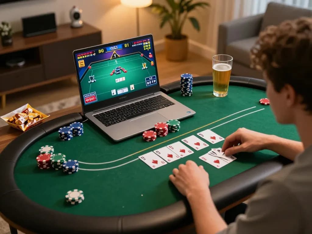 Engaging in online poker at Trang chủ 888new with an exciting game display on the laptop.