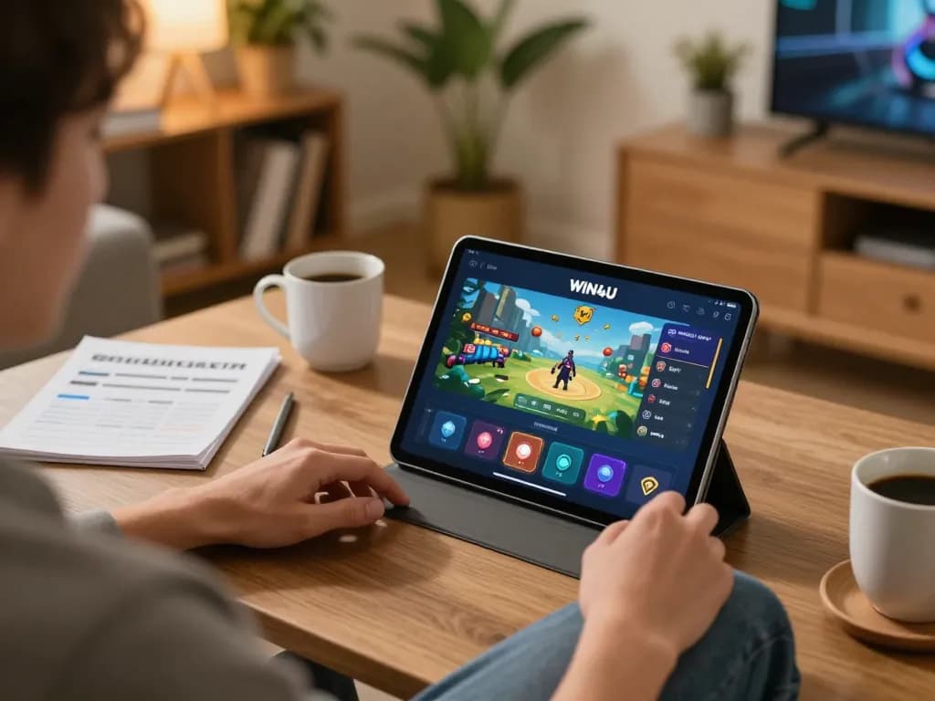 Player using WIN4U app on tablet in cozy home setting for strategic online gaming.
