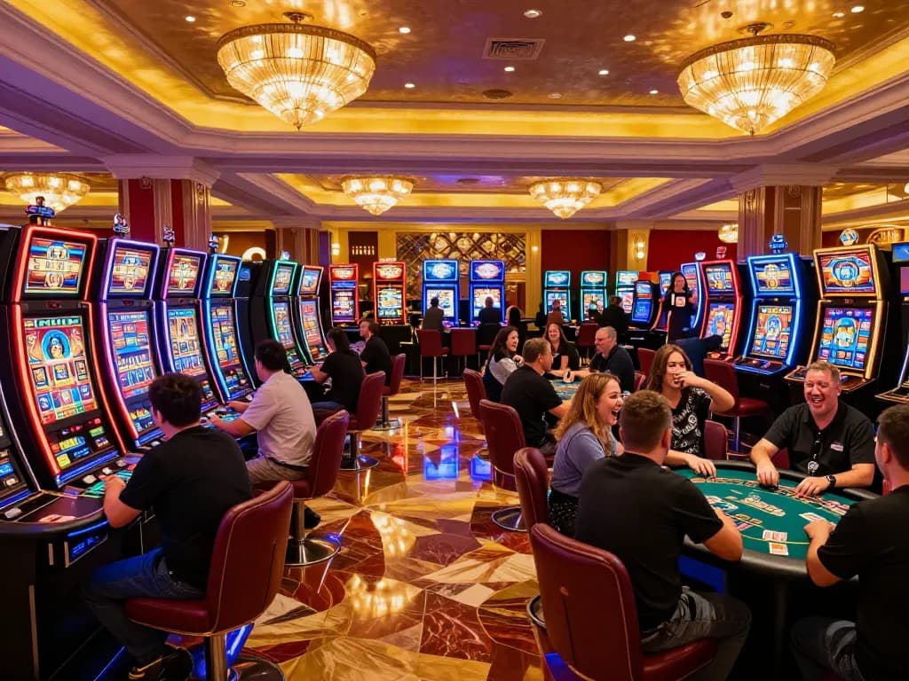 Players enjoying vibrant slot machines at sunwin casino with animated displays and lively atmosphere.