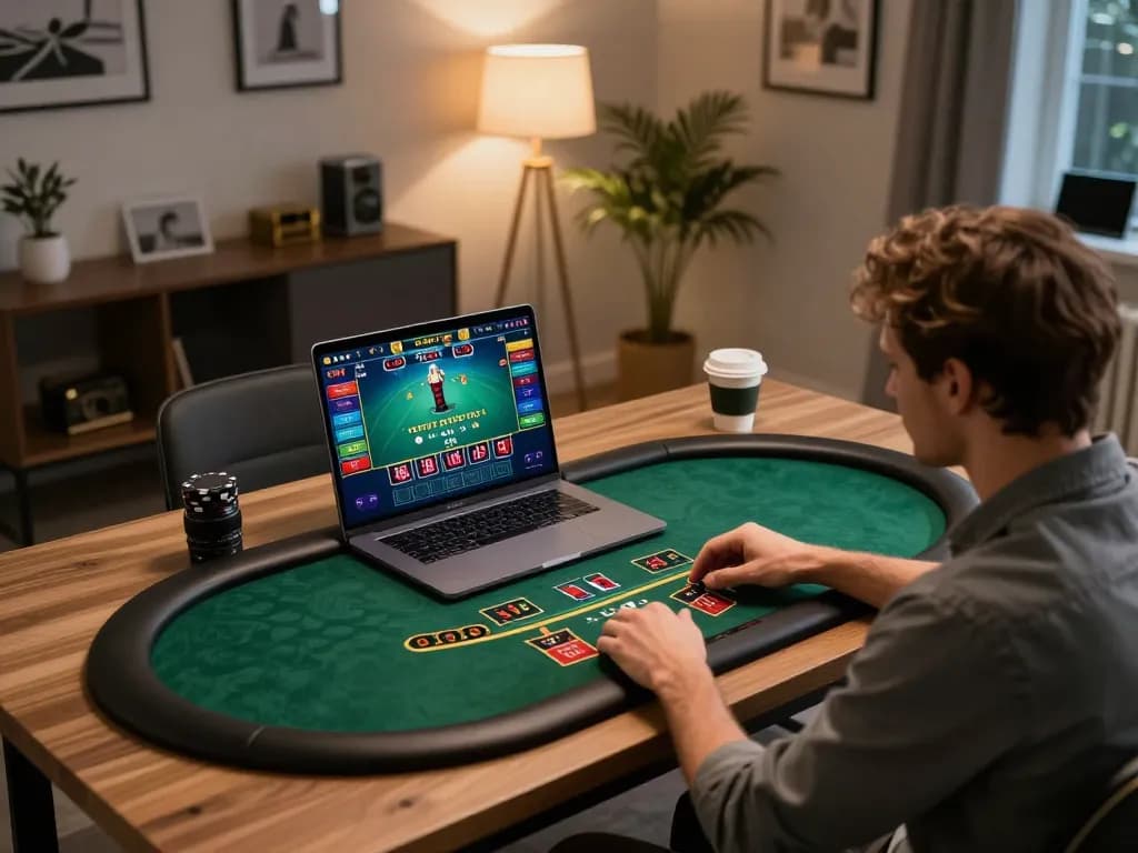 F168 player engaging in live dealer blackjack at home, showcasing strategic betting in a stylish setting.
