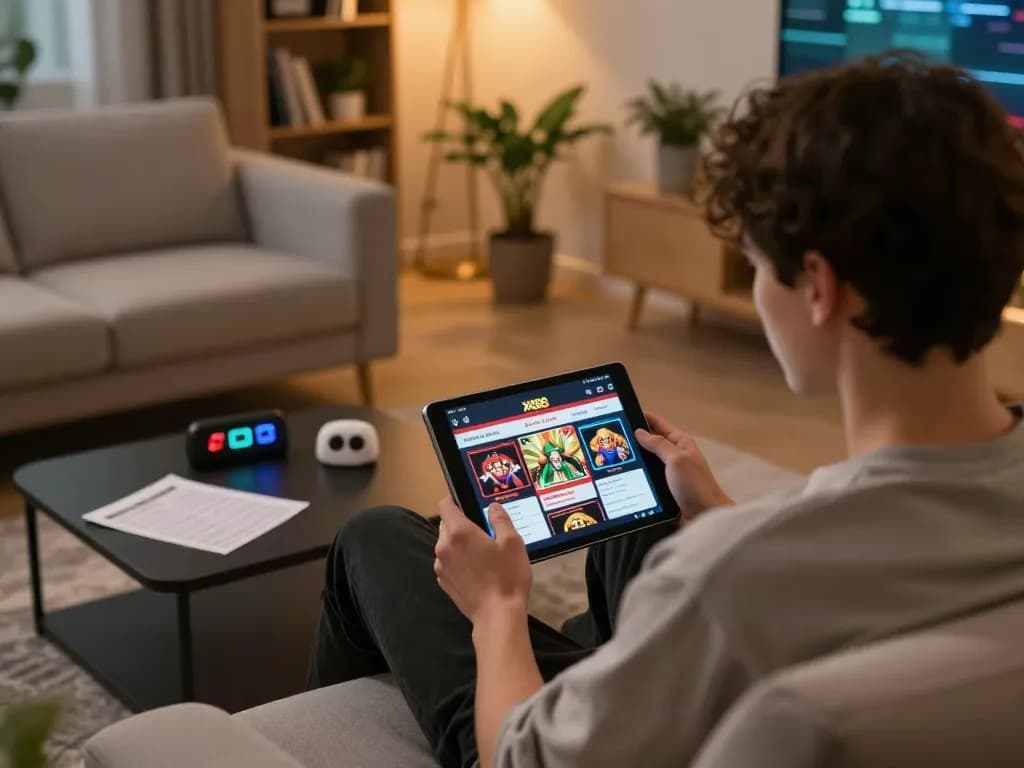 The user engages with the xx88 casino app on a tablet in a cozy home environment, promoting responsible gaming.