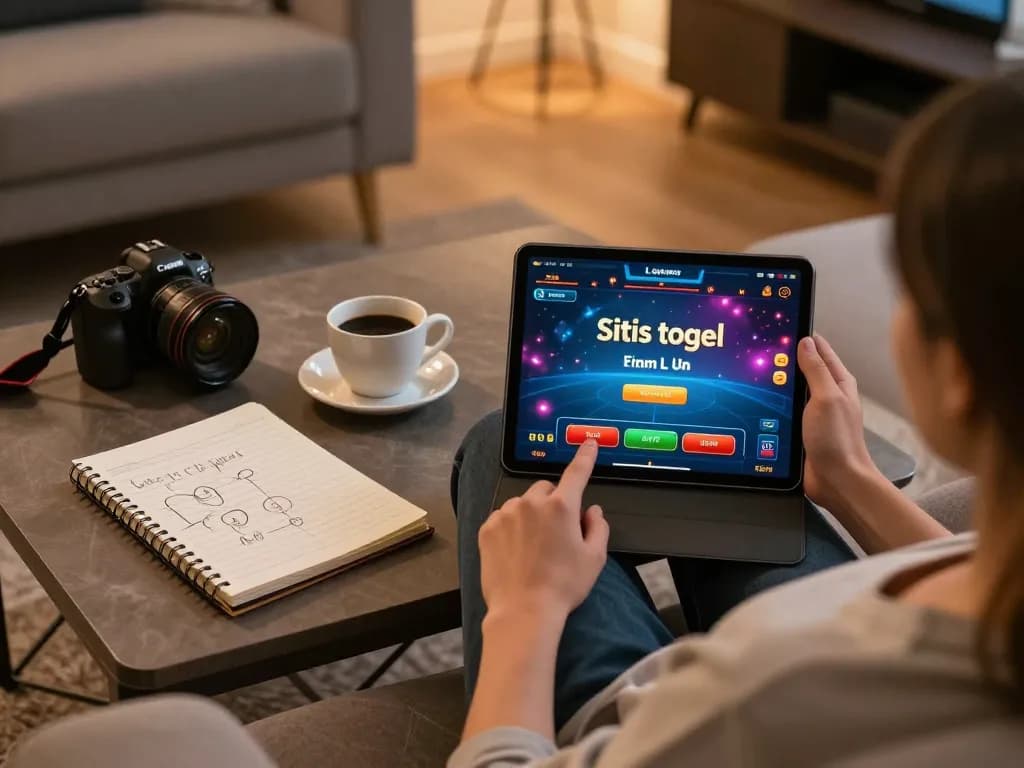 Engaging in situs togel gaming on a cozy tablet setup, displaying live lottery results.