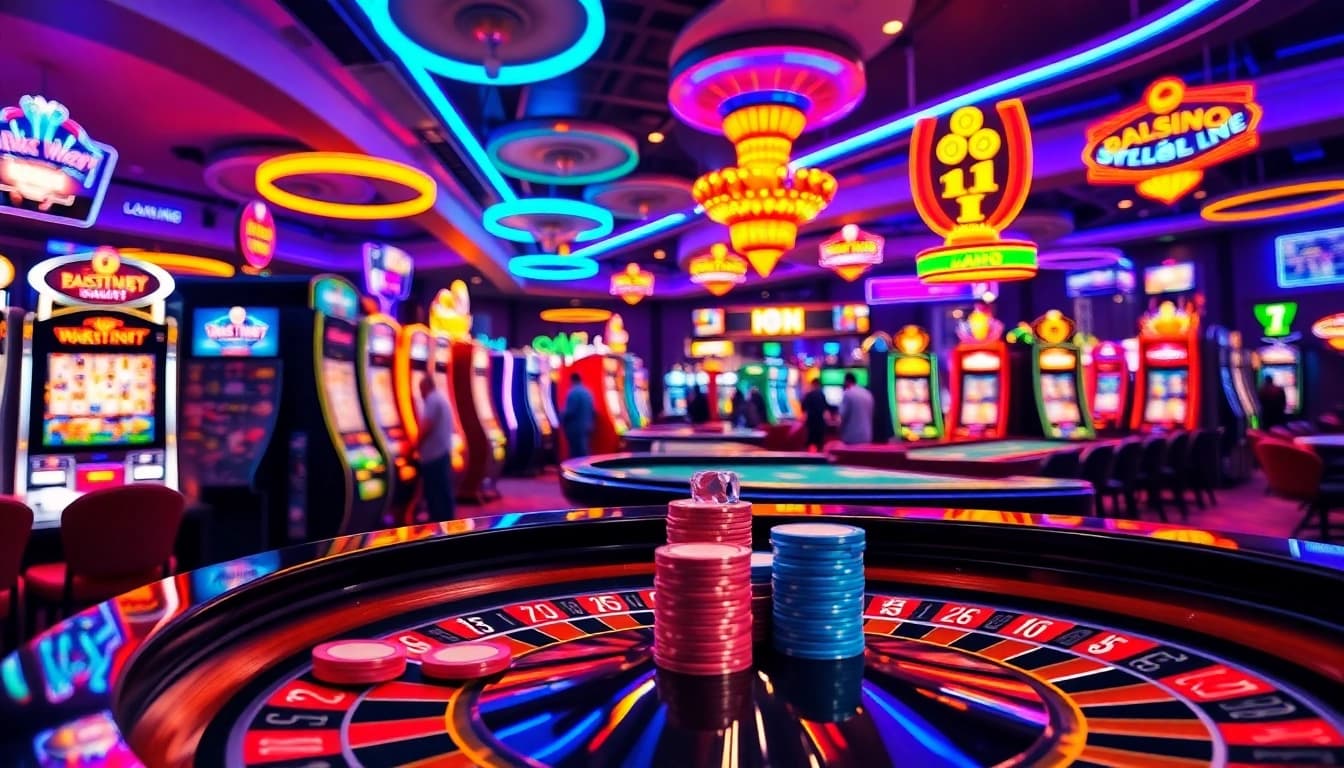 Permainan kasino bbni4d yang ramai dengan meja roulette dan mesin slot berwarna-warni.
