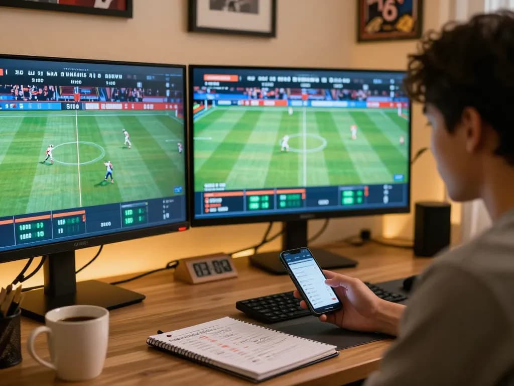 IWIN betting action in a modern home office with multiple screens showing live sports events.