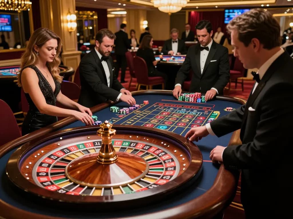 Players enjoy roulette at 99ok casino, betting on spinning wheel and vibrant chips.