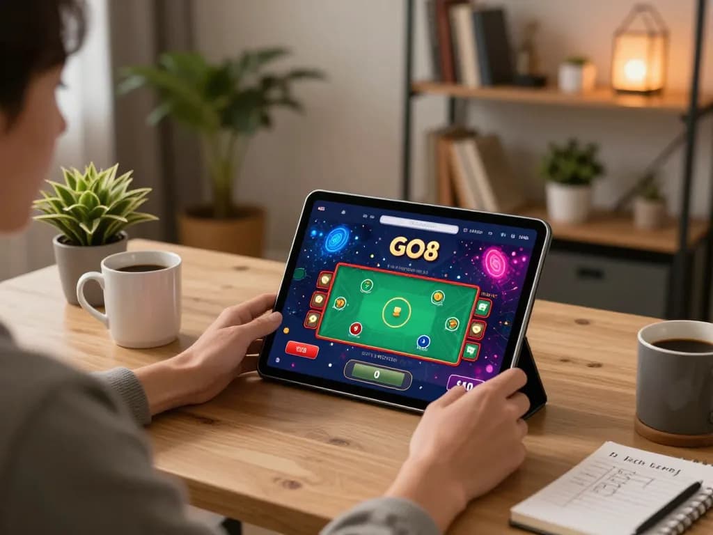 Engaging gameplay on the GO8 app shown on a tablet in a cozy home office setting