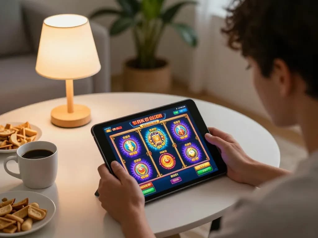 Engaging session with link gacor online slots on tablet, cozy home setting.