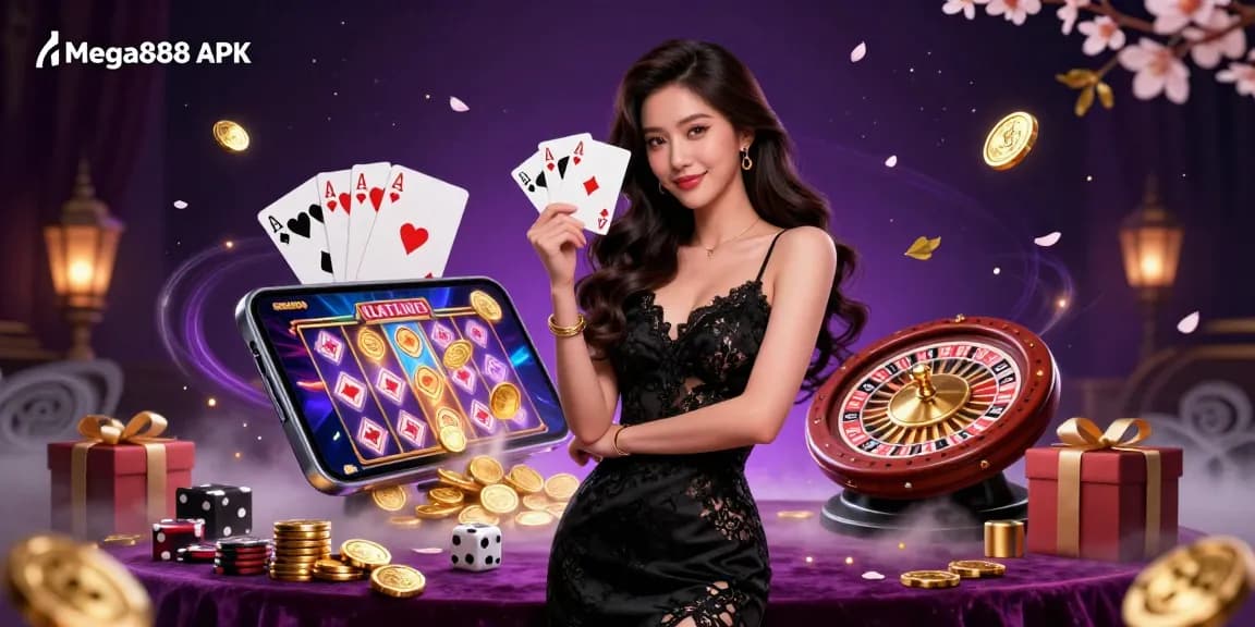 Experience winning with Mega888 APK featuring an elegant player in a luxurious casino environment.