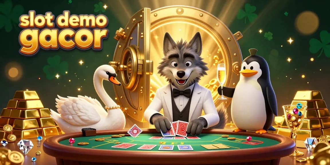 Play slot demo gacor with captivating characters amid golden treasures and sparkling casino atmosphere.