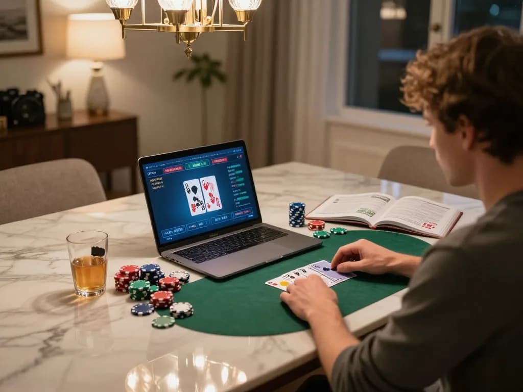 Rikvip player strategizing during an online poker game at home with chips and betting guide.