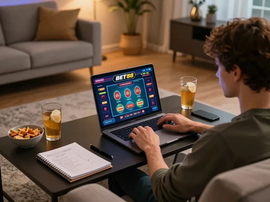 Engaging in BET88 online casino gameplay from a cozy home setup, showing excitement and strategy.