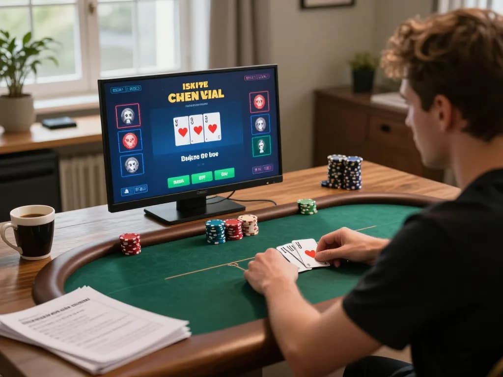 Player engaged in an online poker game on god55vn, showcasing strategy and focus in a cozy home setting.