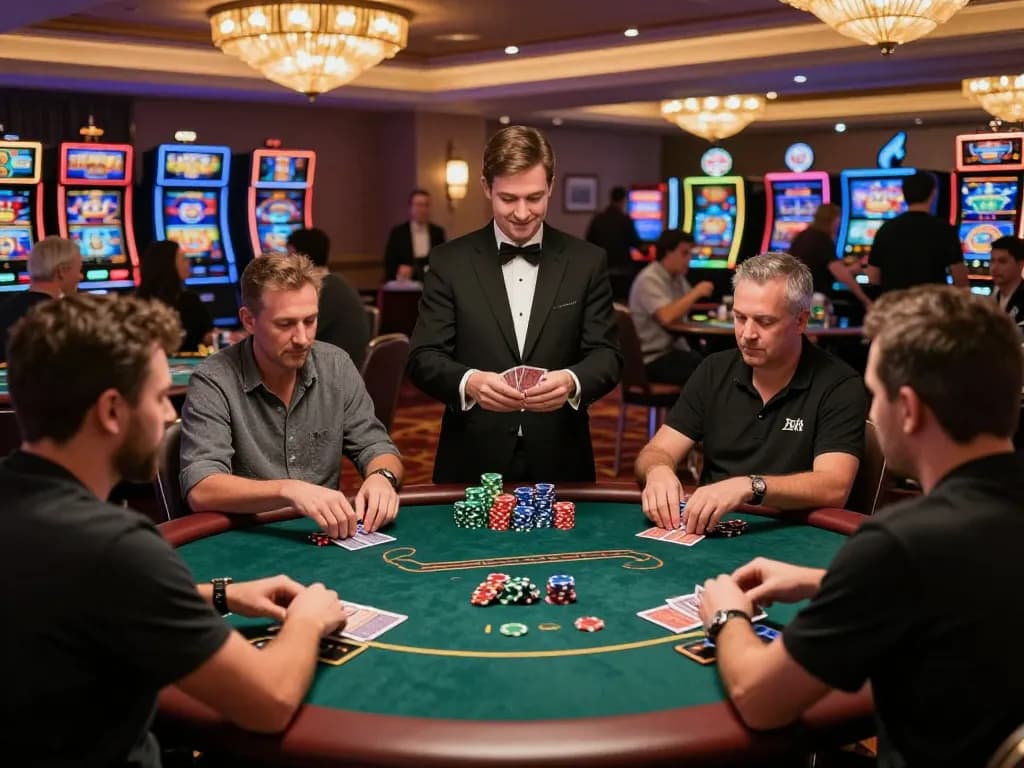 Engaged players enjoying poker at XX88 casino, shuffling cards and placing bets in vibrant atmosphere