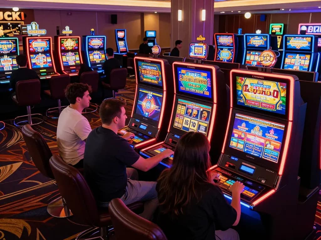 Players enjoying vibrant slot machines at Luck8 casino, showcasing engaging gameplay and excitement.