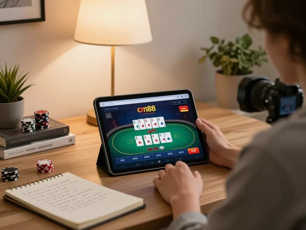 Player engaging in online gambling at cm88 on a stylish tablet, surrounded by strategic notes.