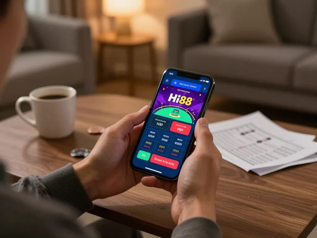 Engaging with the Hi88 com mobile app during a cozy home gaming night, highlighting the excitement of online gambling.