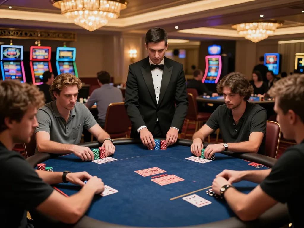 Experience intense poker gameplay at rr88 casino with professional dealers and players engaged in strategy.