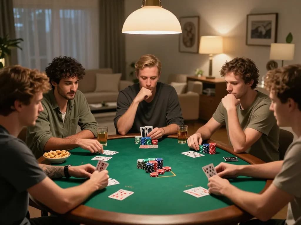 Create a Caricature by capturing friends enjoying a home poker game, deep in strategy and friendly competition.