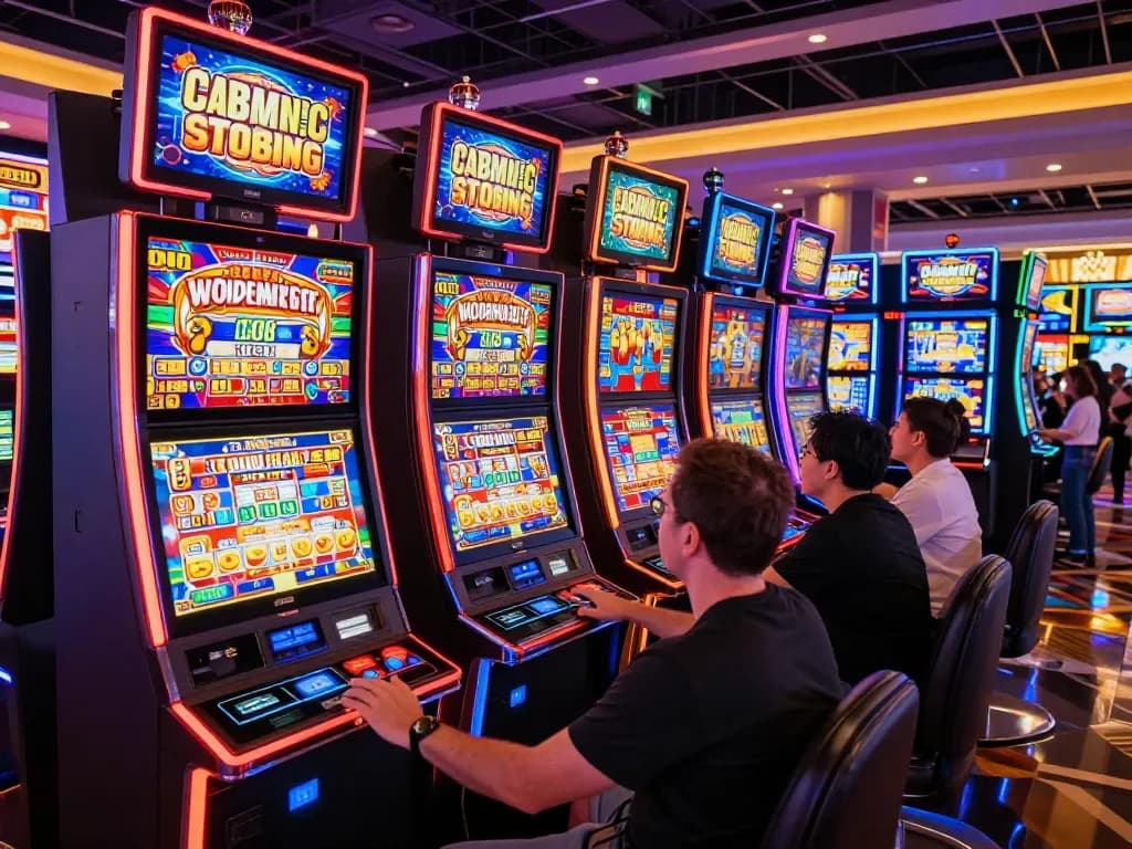 Players enjoying the vibrant 988slot machines in a lively Las Vegas casino.