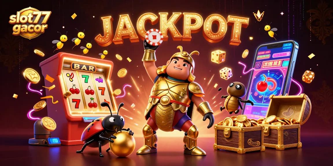Experience the excitement of slot77 gacor with a vibrant 3D illustration featuring a jackpot celebration and engaging game elements.