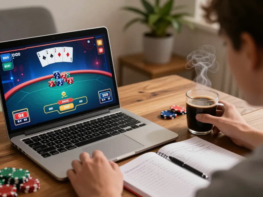 w188 player strategizing online poker with laptop, vibrant graphics and cozy setting
