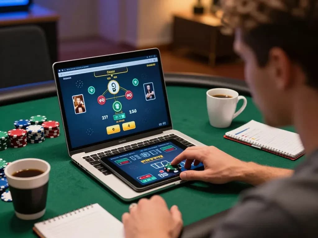 Player engaging in online poker on laptop, displaying sc88e betting strategies and winning hands in a cozy atmosphere.