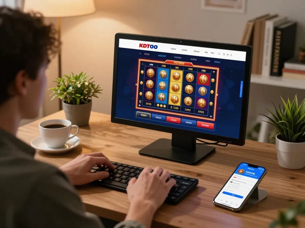 KDTOTO gamer placing bets on a vibrant online slots game with a cozy home setup.
