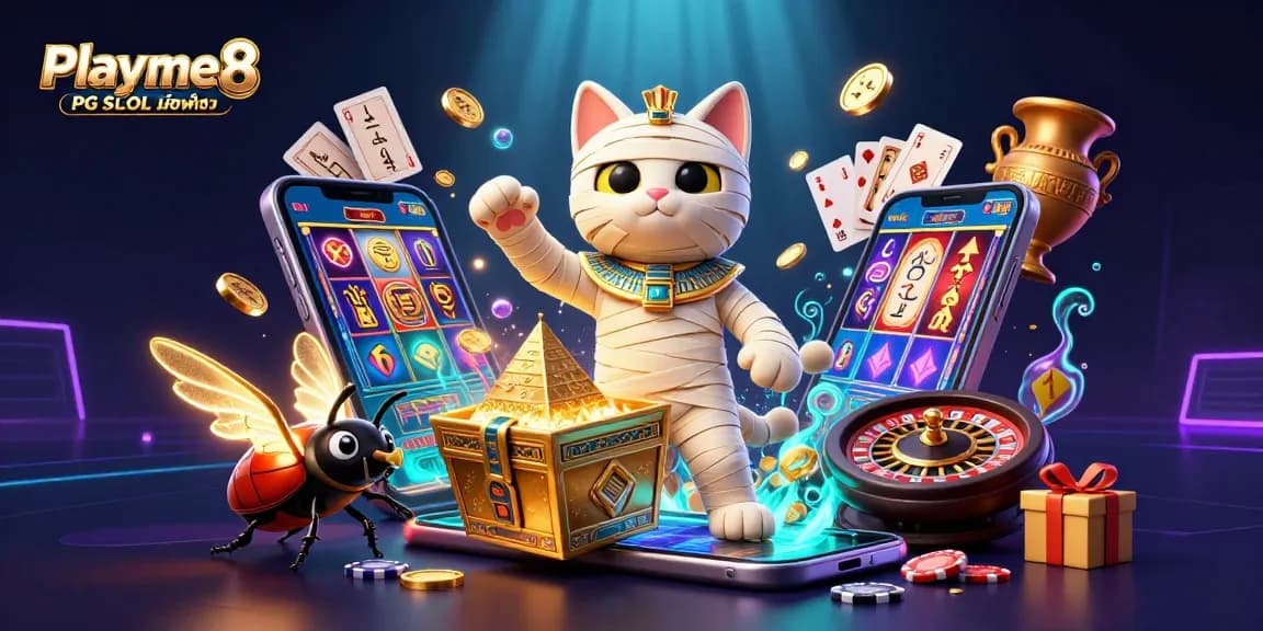 เล่น Playme8 สล็อต PG SLOT มือถือ กับแมวมัมมี่แอ็กชั่นในคาสิโนพีระมิด