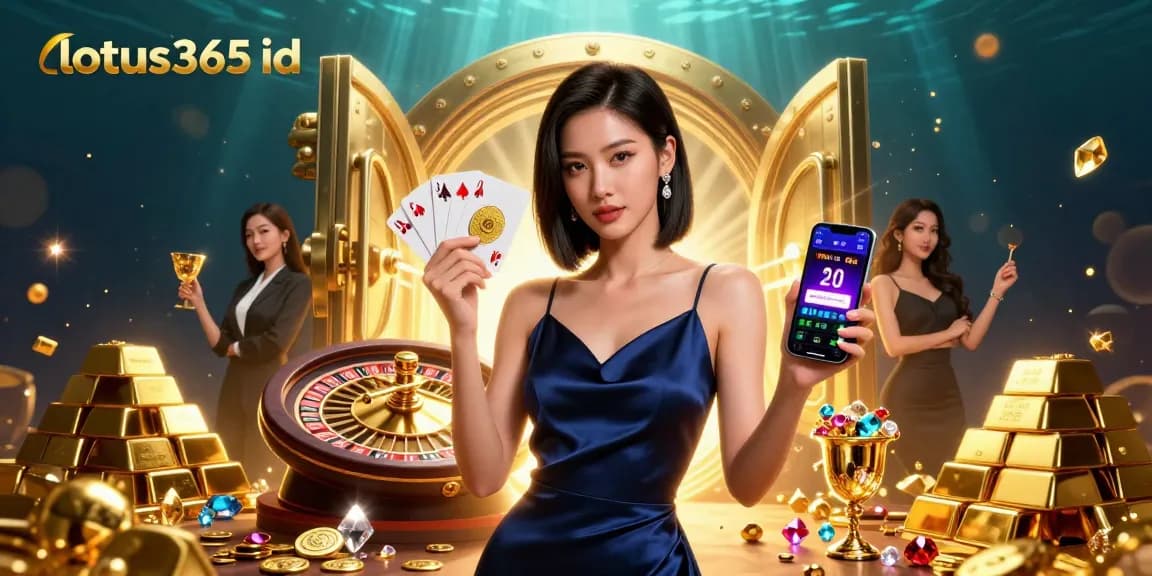 Engage with lotus365 id through this vibrant casino illustration showcasing an Asian woman holding a smartphone.