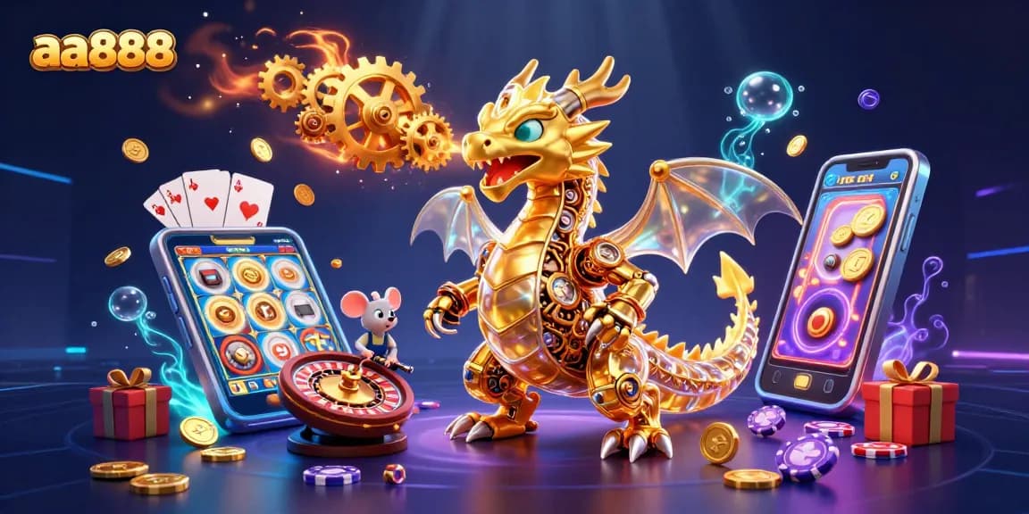 Bet on aa888 with vibrant interconnected games, showcasing casino elements and dynamic interaction.