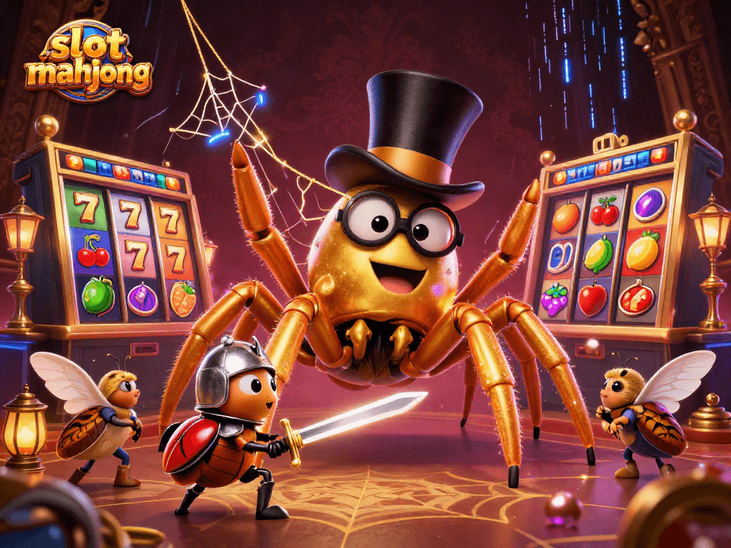 Engage with slot mahjong as a golden tarantula spins a web of fortune amidst dynamic slot reels and gaming elements.