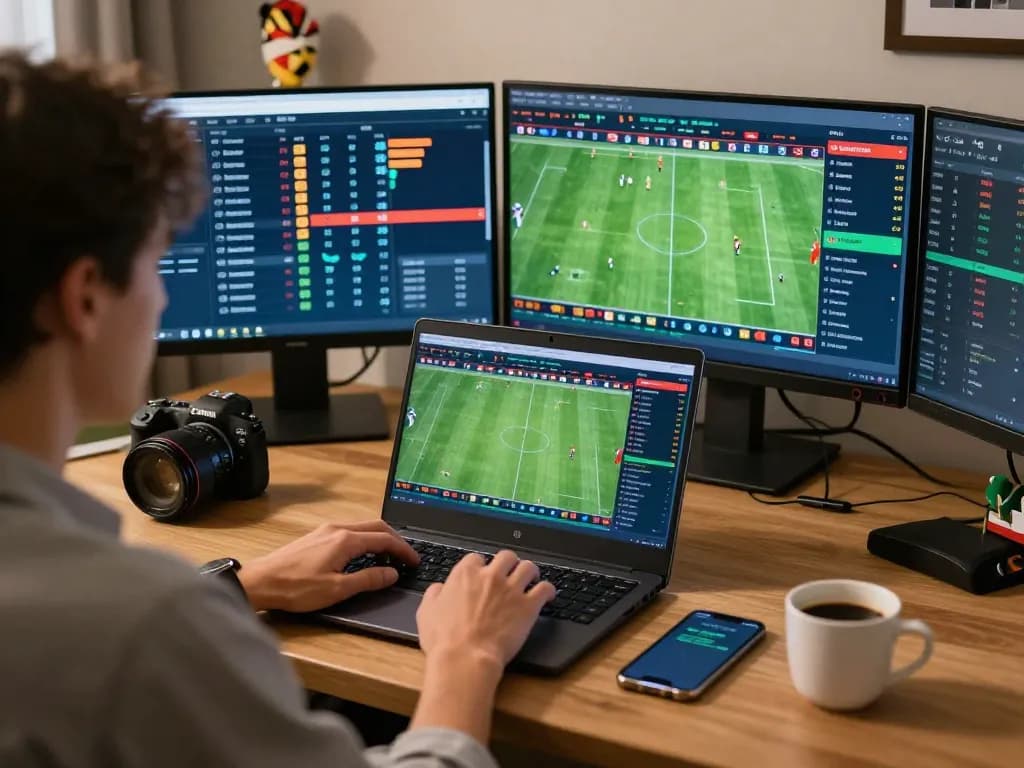 KQBD user analyzing live football match odds on a laptop while placing bets.