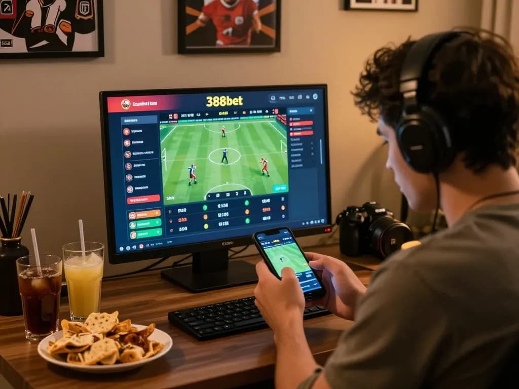 Engaging sports betting moment on 388bet with user analyzing live odds on smartphone in cozy home setting.
