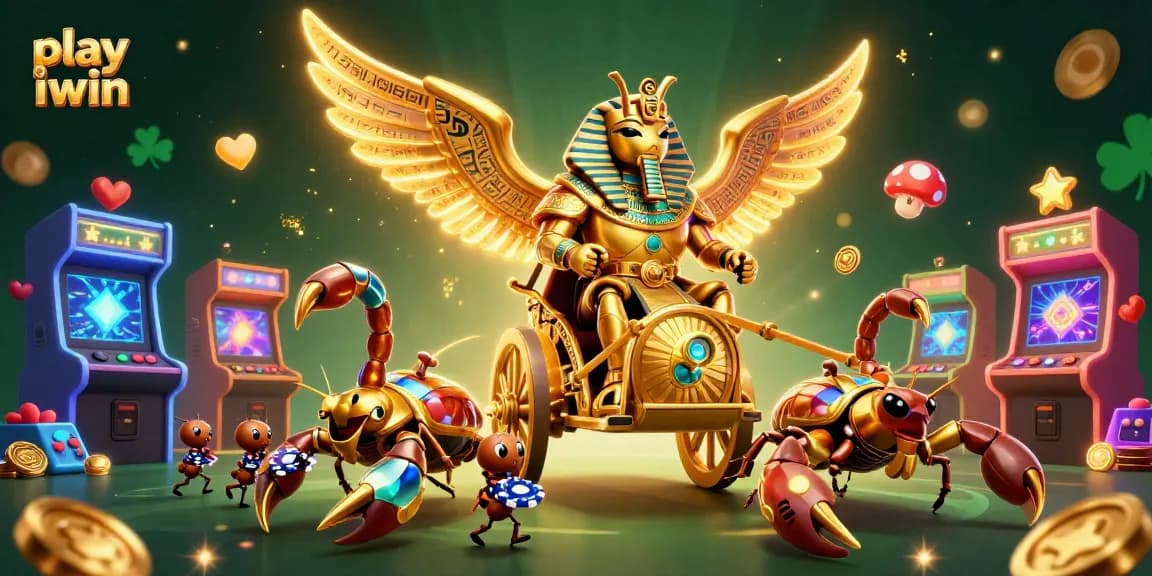 Play iwin in a vibrant 3D casino scene featuring golden scarab characters and gaming elements.