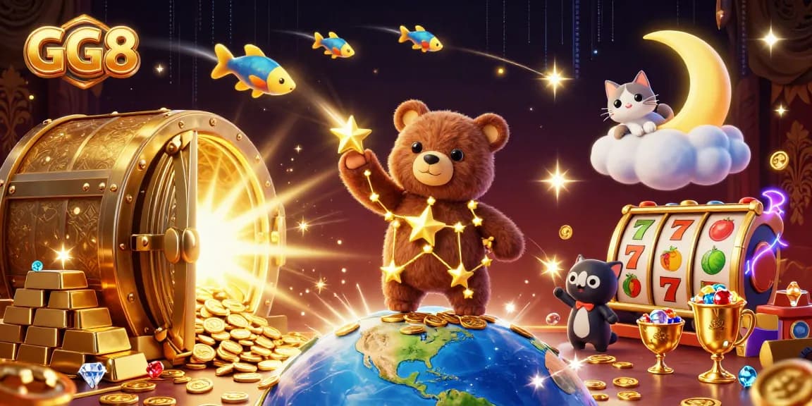 Engage with GG8 in this vibrant 3D casino illustration featuring dynamic characters and rich slot elements.