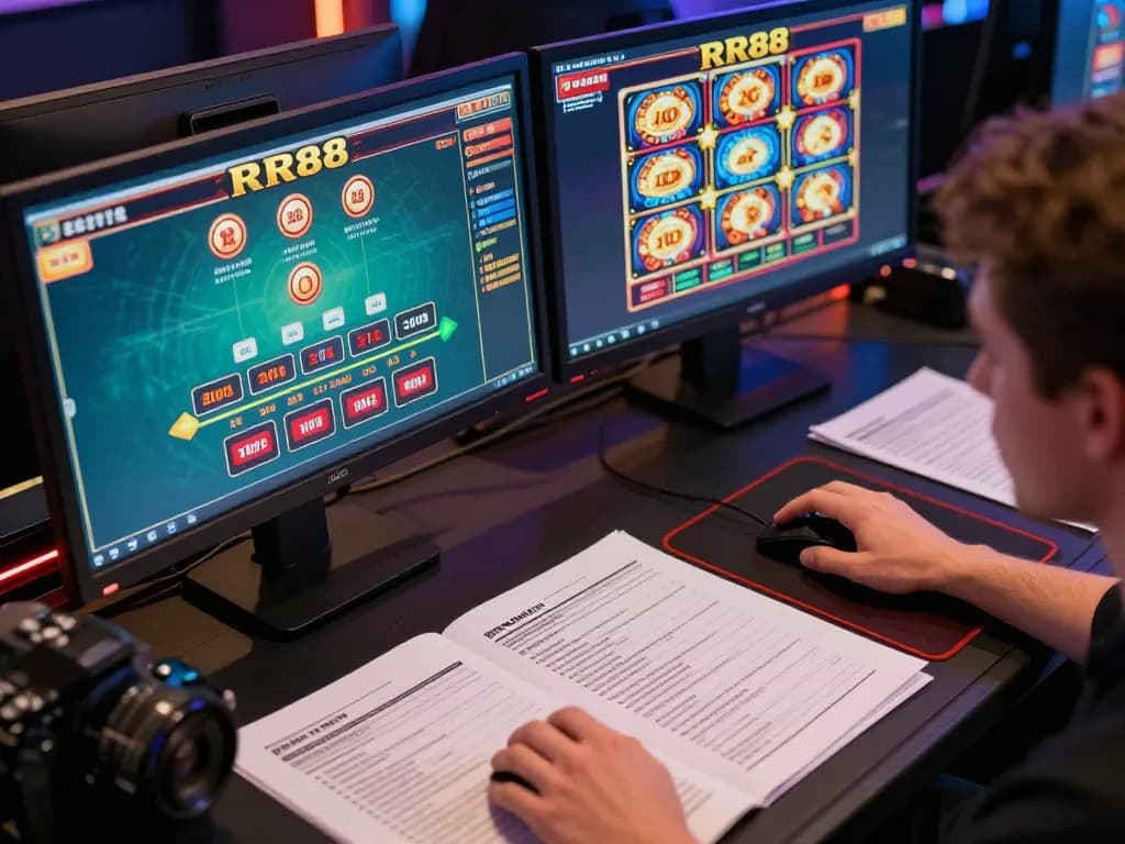 Player strategizing at dual monitors showcasing RR88 online casino games during an intense gaming session.