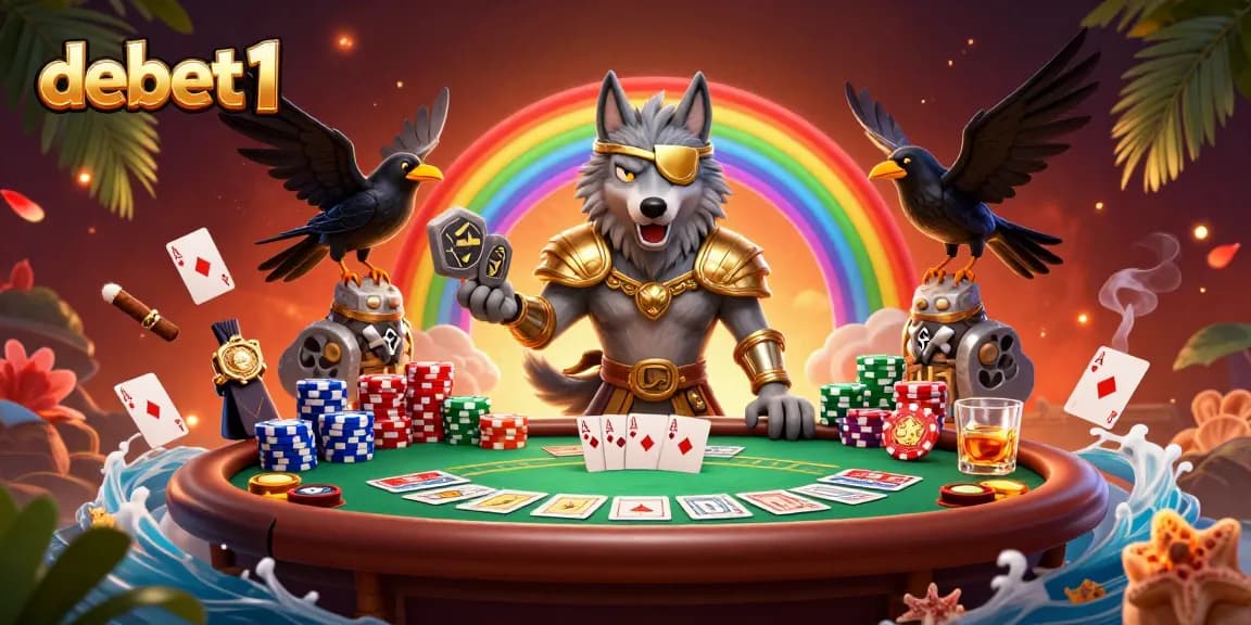 Engage with debet1’s lively poker scene featuring Norse mythology characters and vibrant casino elements.