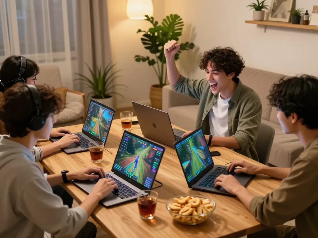 MPO08 players celebrating victory during an intense online gaming session with friends, showcasing excitement and strategic gameplay.